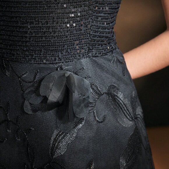 Black Party Women's Sequins Bodice Flower Embroidery Mesh Flare Long Dress - Picture 3 of 7